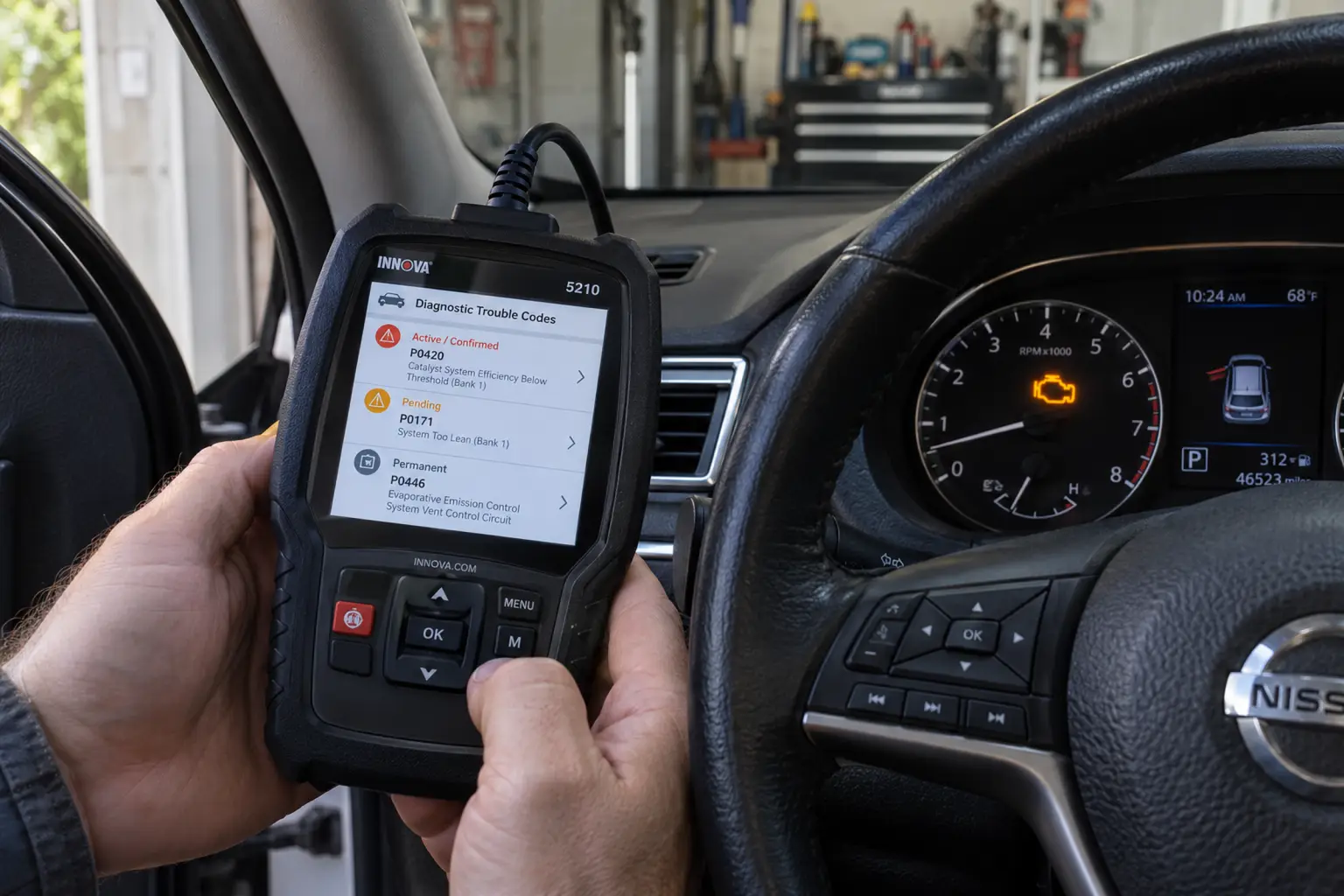 A handheld OBD2 scanner showing active, pending, and permanent diagnostic trouble codes inside a car with the check engine light illuminated.