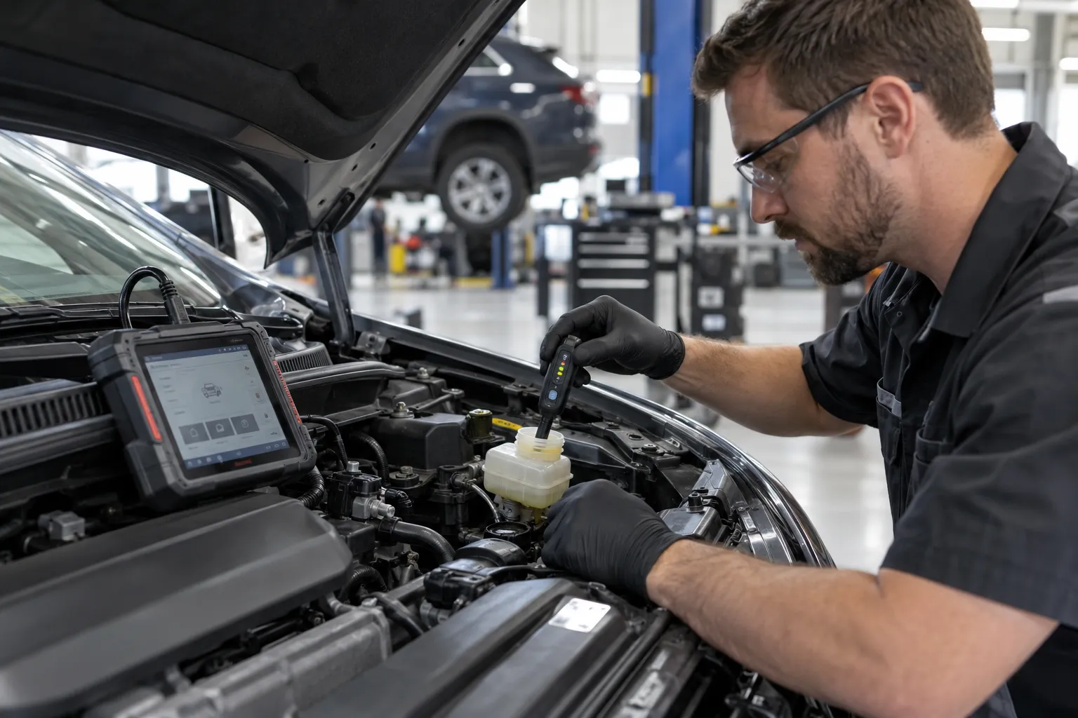 A technician testing brake fluid condition under an open hood while an OBD2 scanner sits nearby, showing a fluid problem that diagnostic codes cannot detect.