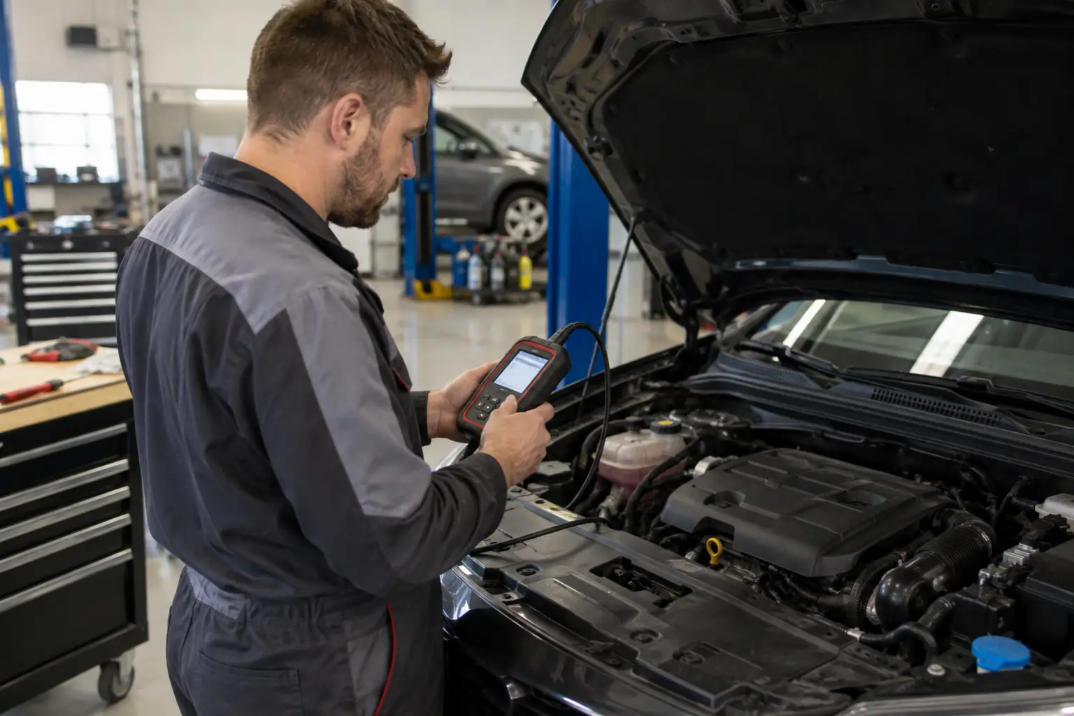A mechanic using an OBD2 scanner beside an open engine bay after a completed repair to confirm that cleared codes do not return.