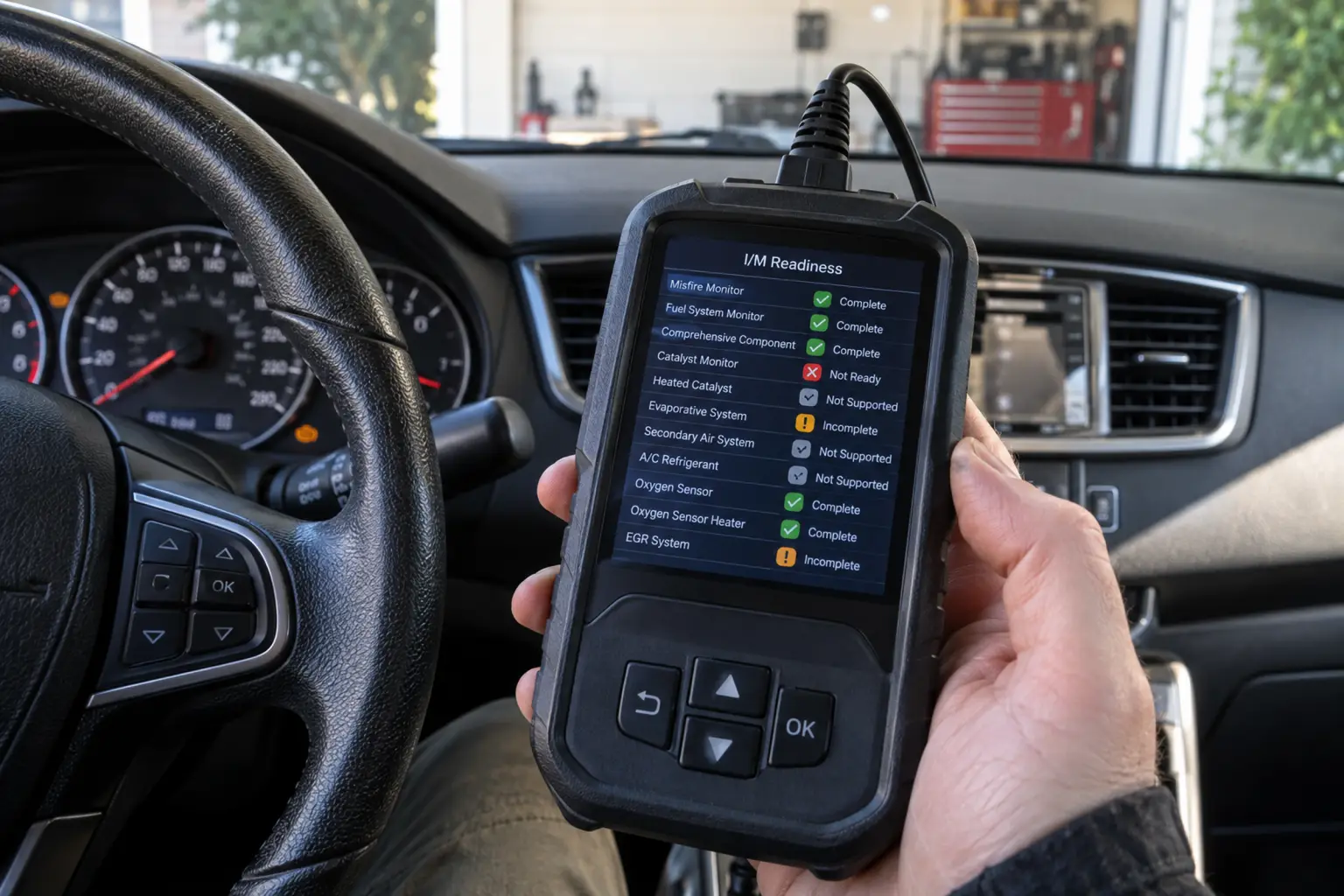 A handheld OBD2 scanner showing I/M readiness monitor labels with complete, not ready, incomplete, and not supported status icons inside a car.