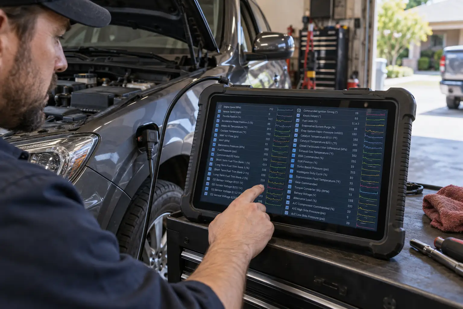 A mechanic reviewing a crowded live data PID list on a diagnostic tablet beside a vehicle in a garage workshop.