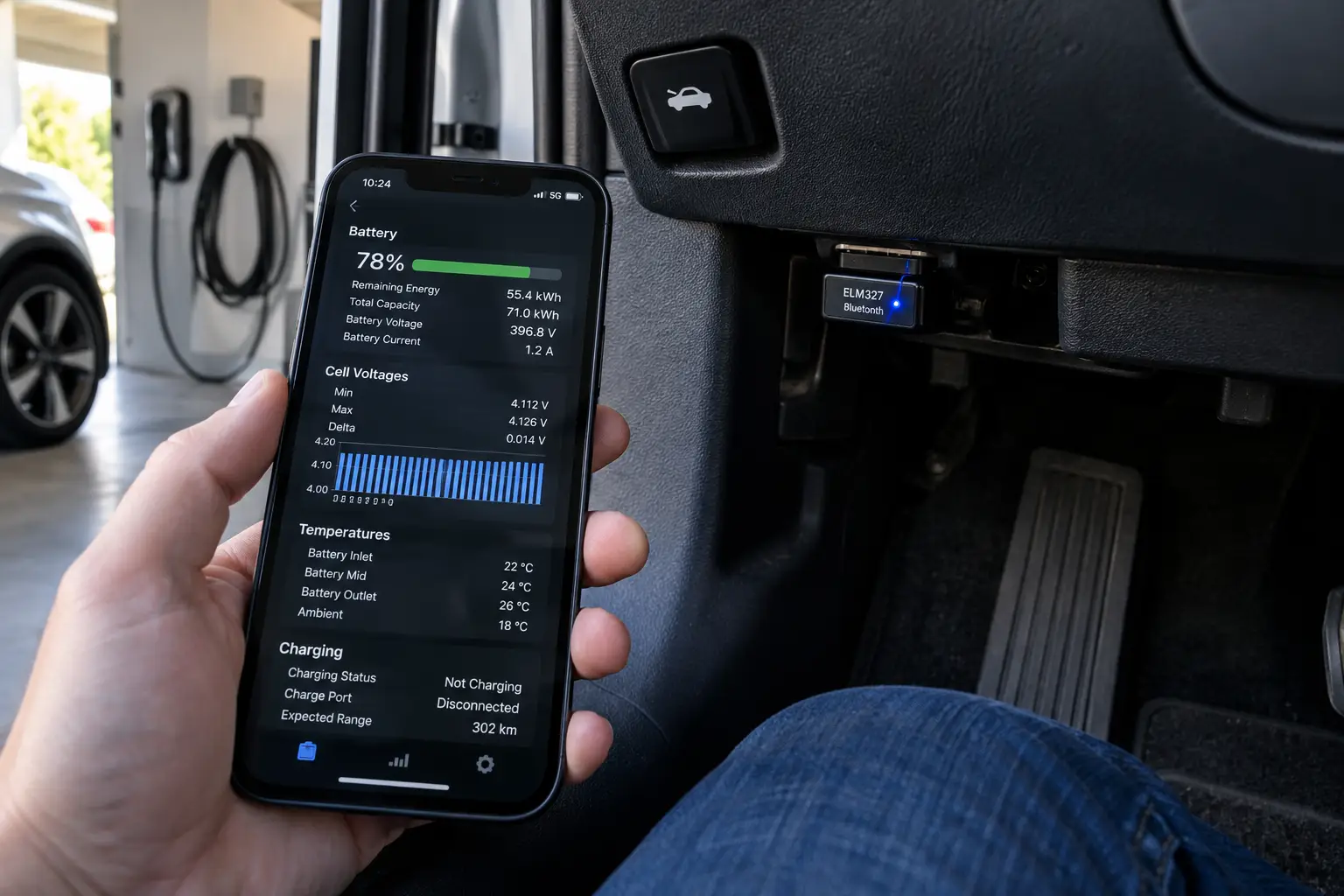A smartphone app displaying EV battery data while a Bluetooth ELM327 adapter is plugged into the diagnostic port under the dashboard.