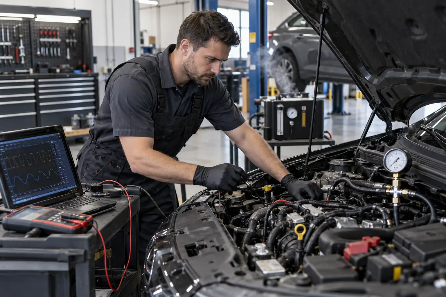 A technician performing advanced engine diagnostics with probes, pressure gauges, a laptop, and an OBD2 scanner in a professional workshop.
