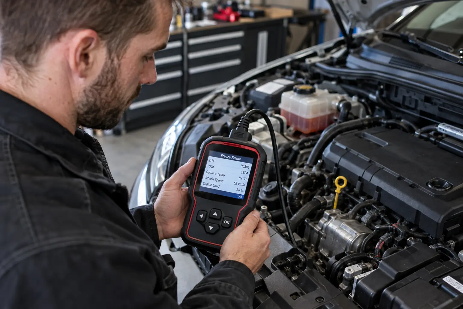 A mechanic reading freeze frame data on an OBD2 scanner beside an open engine bay in a garage workshop.