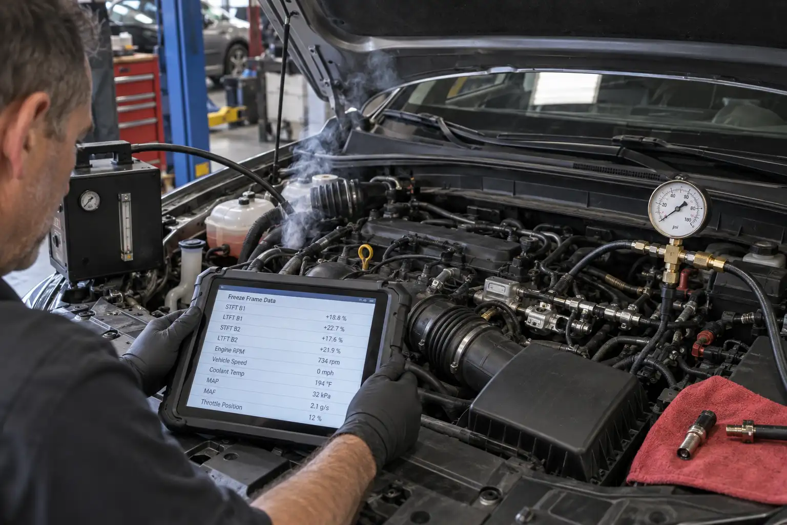 A mechanic diagnosing a lean condition with an OBD2 scanner while inspecting vacuum lines and fuel delivery components under the hood.
