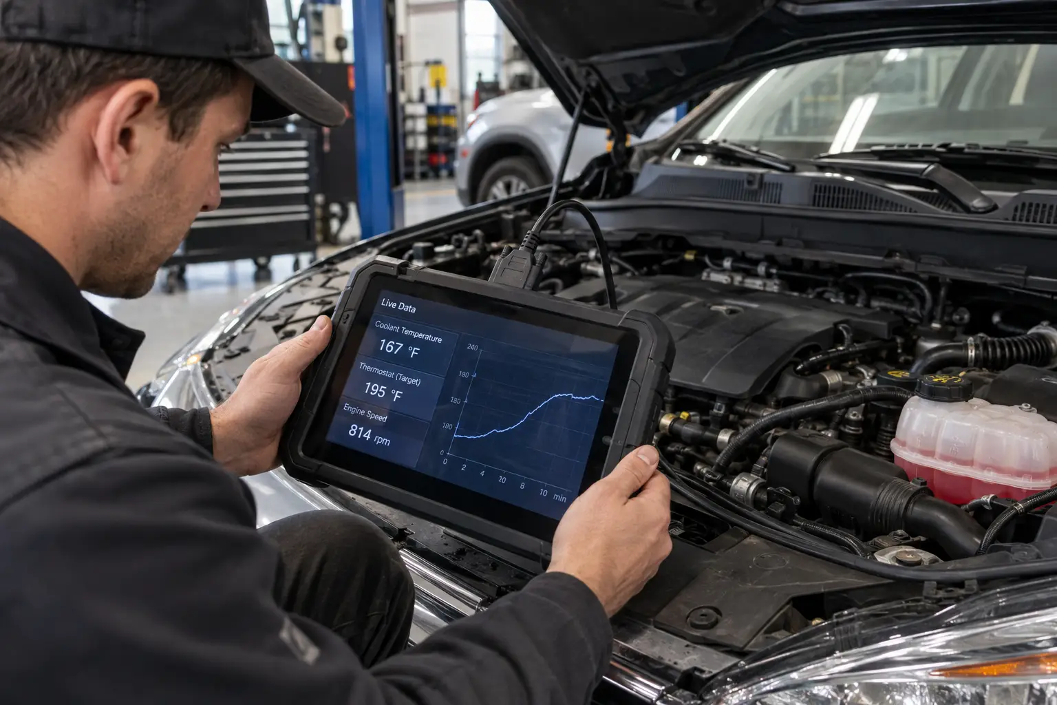 A mechanic reviewing coolant temperature and live engine data on a diagnostic tablet beside an open engine bay.