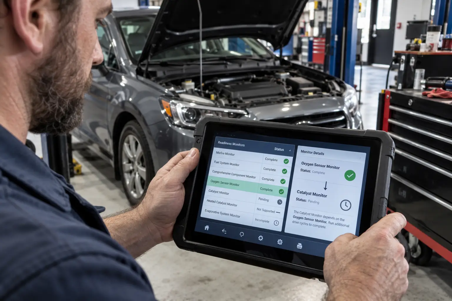 A mechanic reviewing oxygen sensor and catalyst monitor dependency details on a diagnostic tablet beside a car with the hood open.