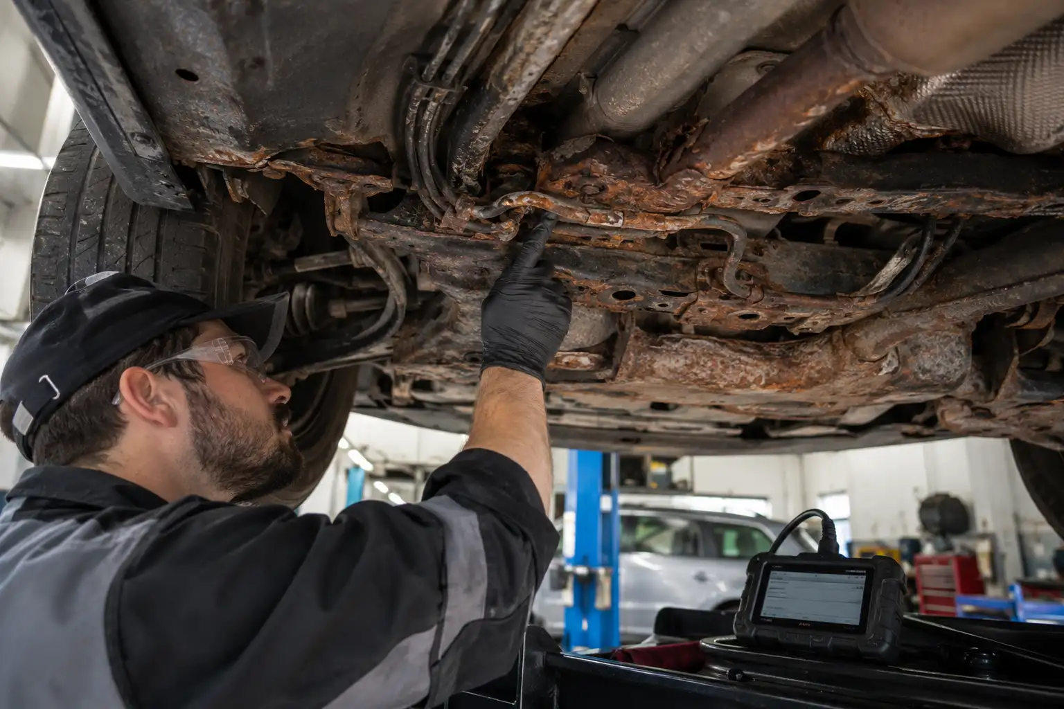 A technician inspecting severe underbody rust and corroded metal components under a lifted vehicle, showing structural damage an OBD2 scanner cannot detect.