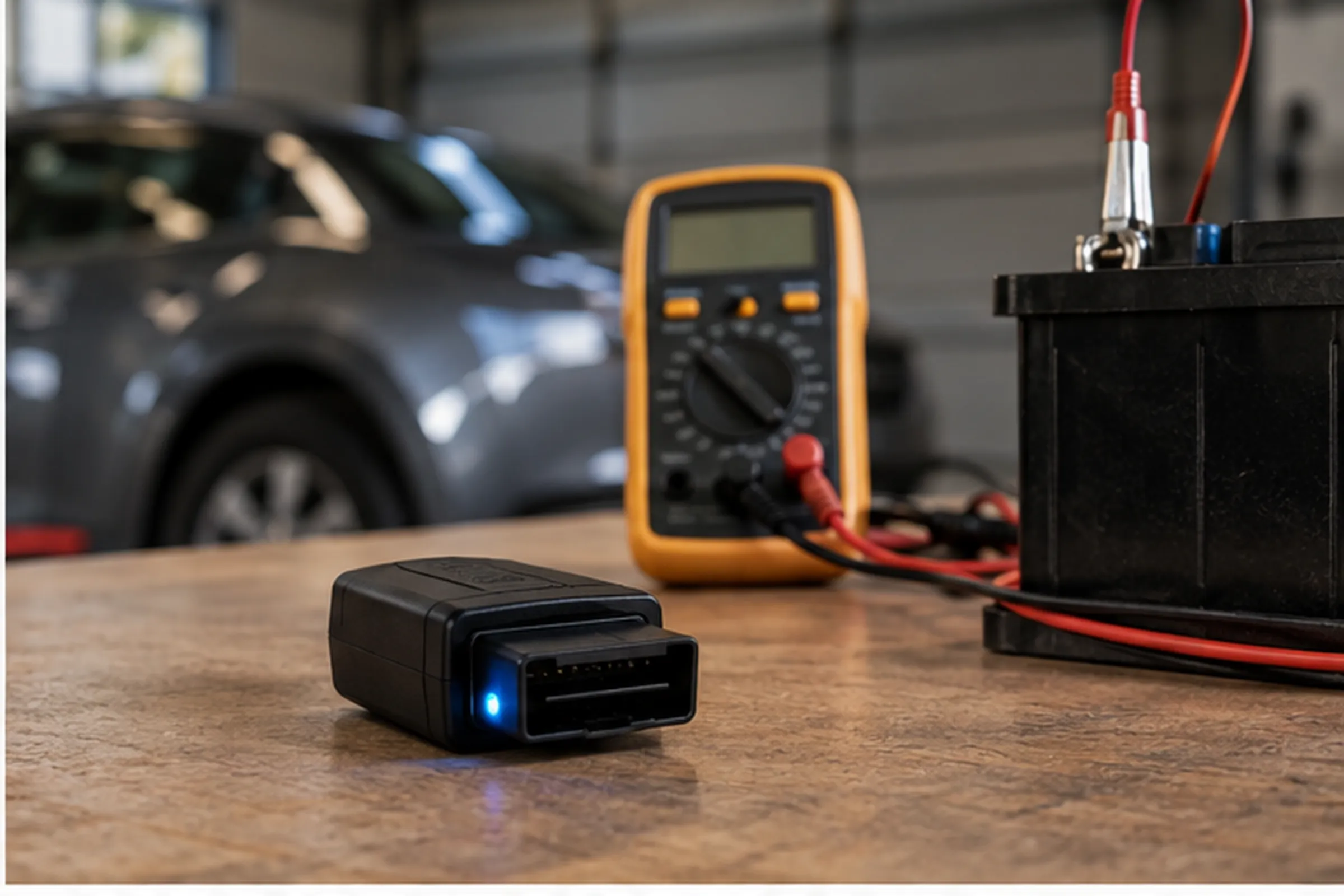 A Bluetooth OBD2 adapter on a garage workbench beside a multimeter and car battery, illustrating low-power sleep mode testing.