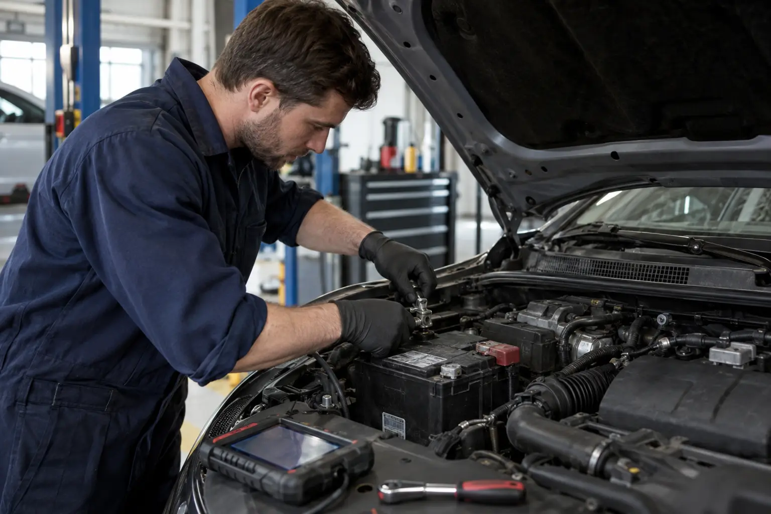 A mechanic disconnecting a car battery in a repair workshop with an OBD2 scanner nearby, illustrating a full ECU reset.