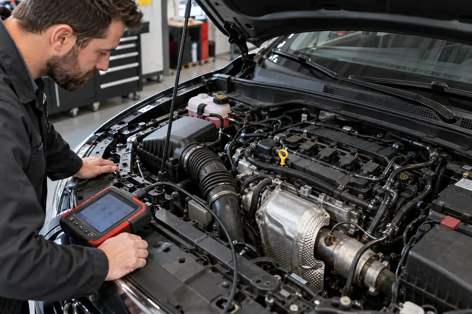 A mechanic using an OBD2 scanner beside an open engine bay to check emissions-related systems and sensor data.