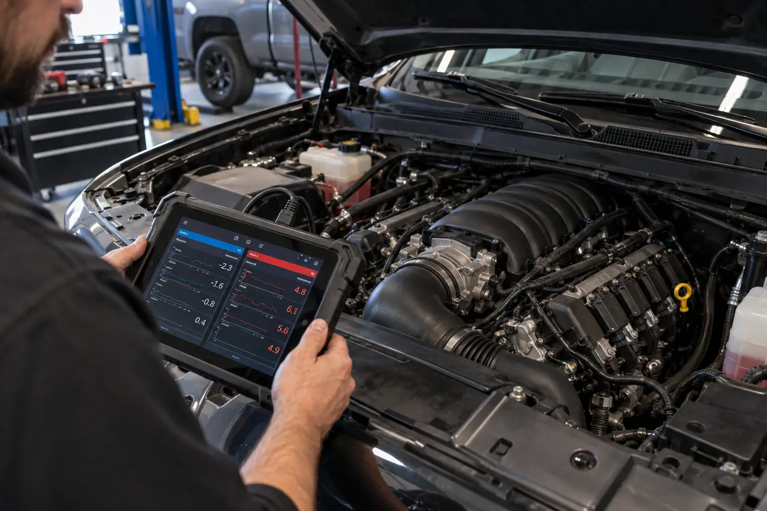 A mechanic comparing Bank 1 and Bank 2 fuel trim data on a diagnostic tablet beside a V-engine in a repair workshop.