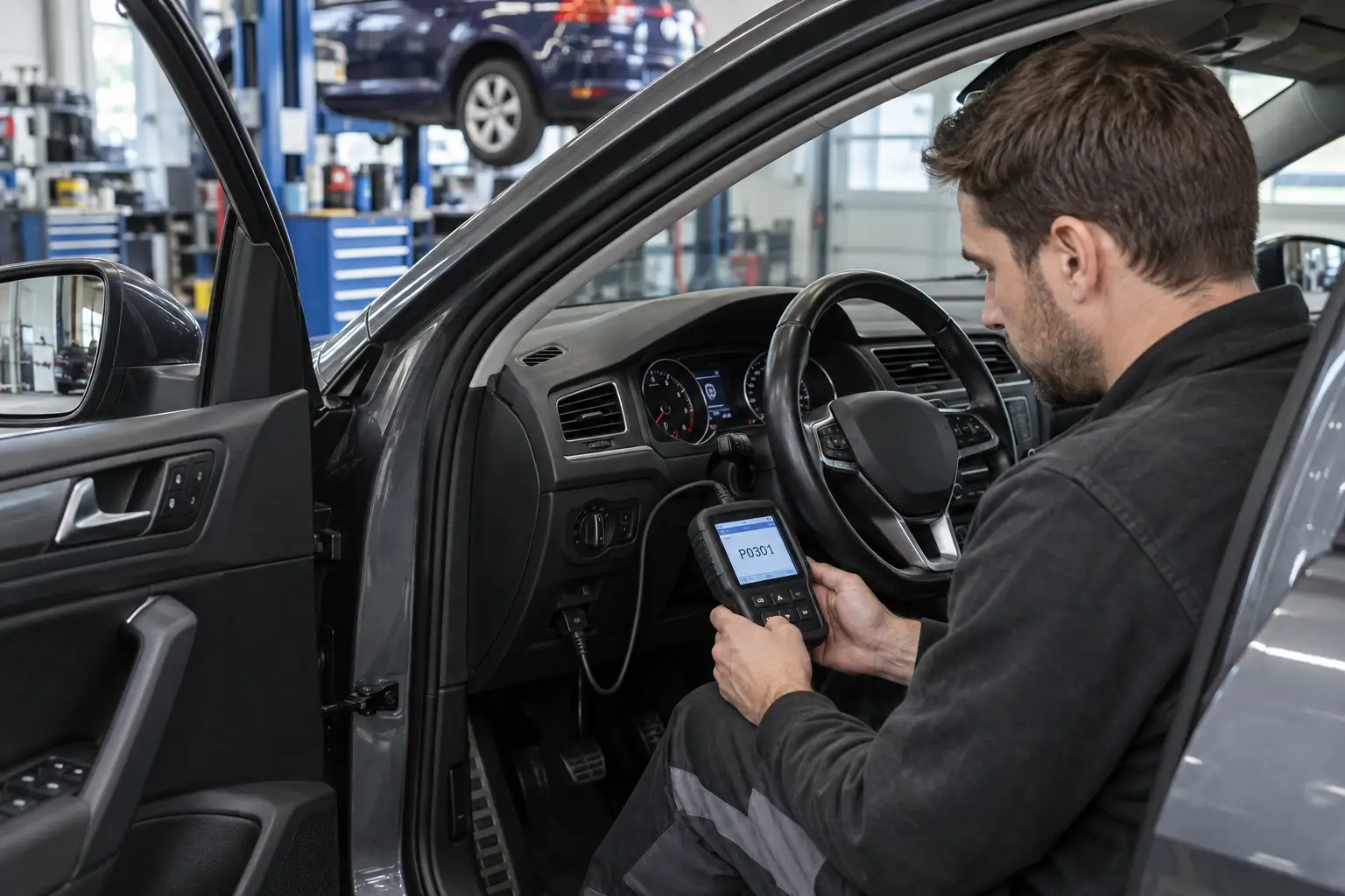 A mechanic using an OBD2 scanner inside a European vehicle in a modern workshop, showing standard diagnostic compatibility.