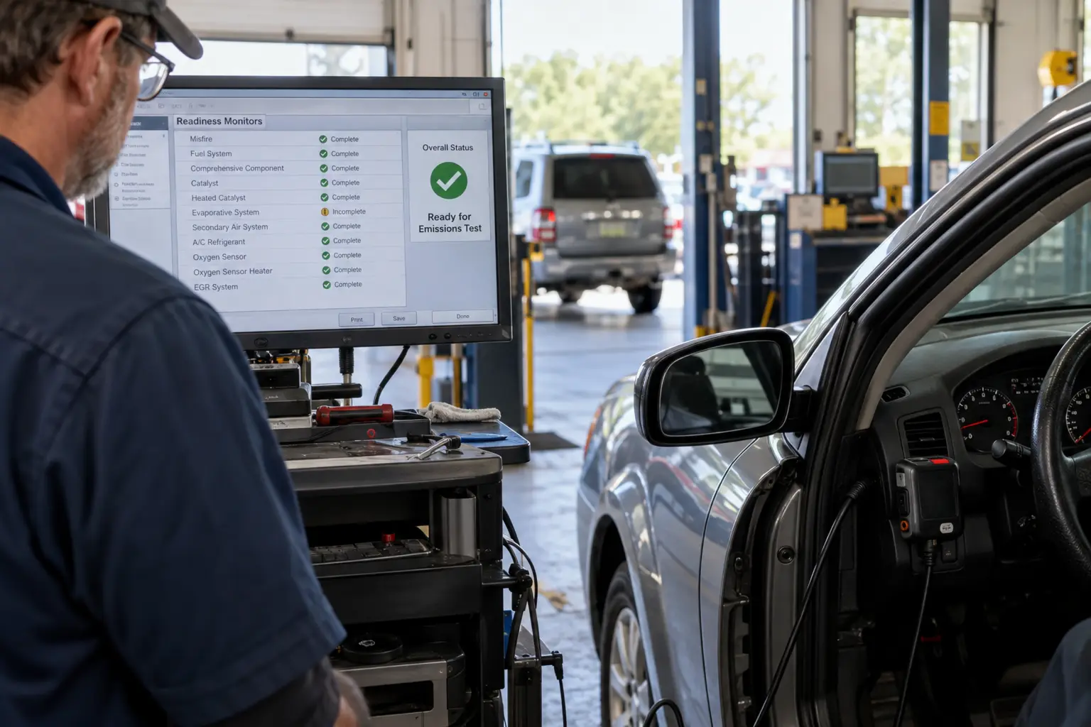 A technician checking readiness monitor results on an emissions inspection screen beside a vehicle connected to an OBD2 scanner.