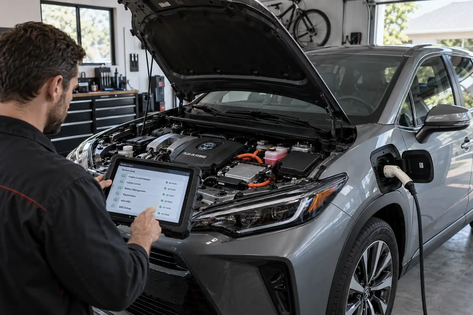 A technician scanning a plug-in hybrid vehicle with the hood open and charging cable connected in a home garage.