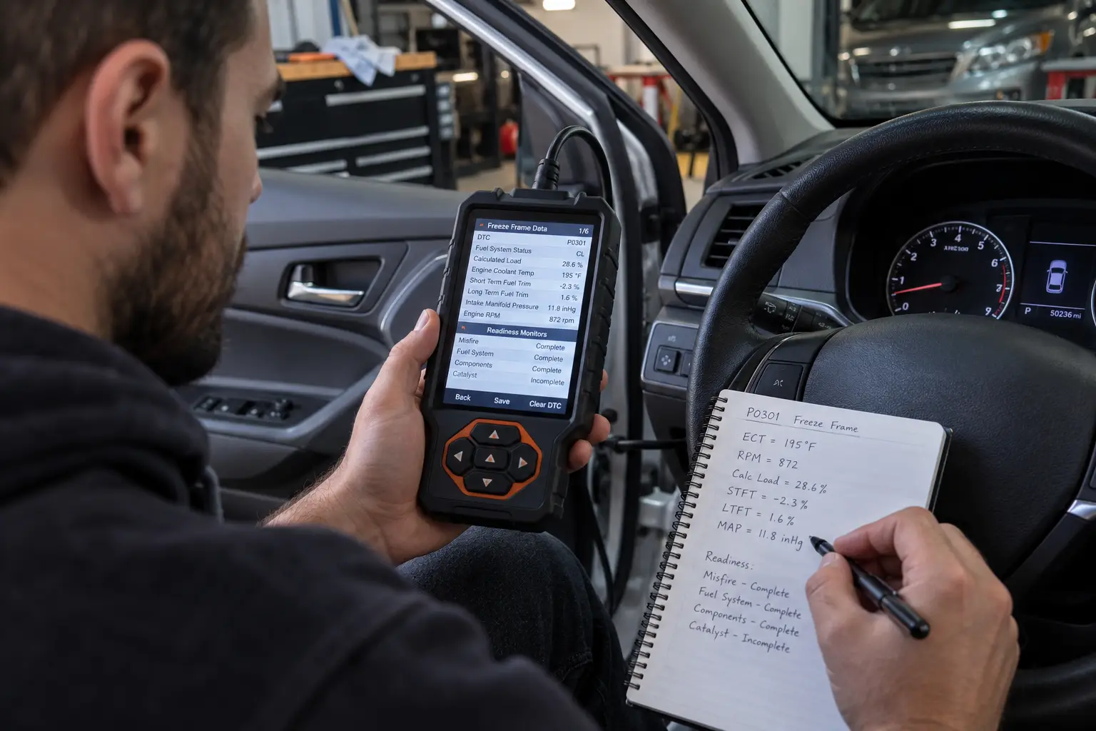 A mechanic recording OBD2 freeze frame data from a diagnostic scanner before clearing trouble codes in a garage workshop.