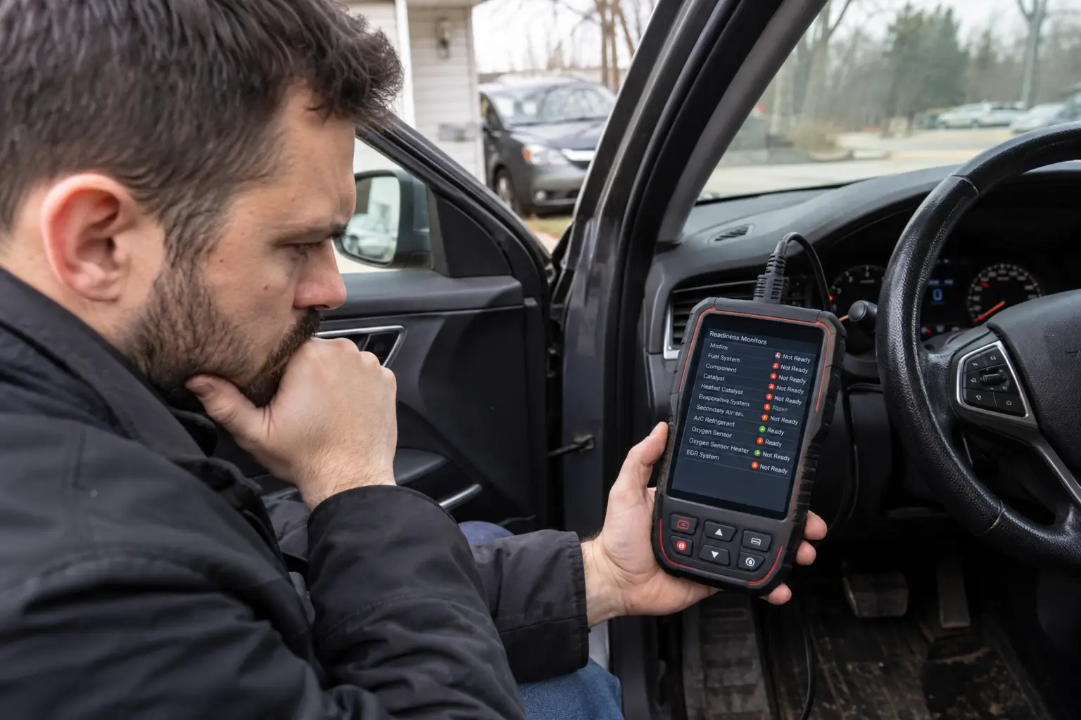 A man checking an OBD2 scanner inside a used car and seeing multiple readiness monitors not ready at the same time.