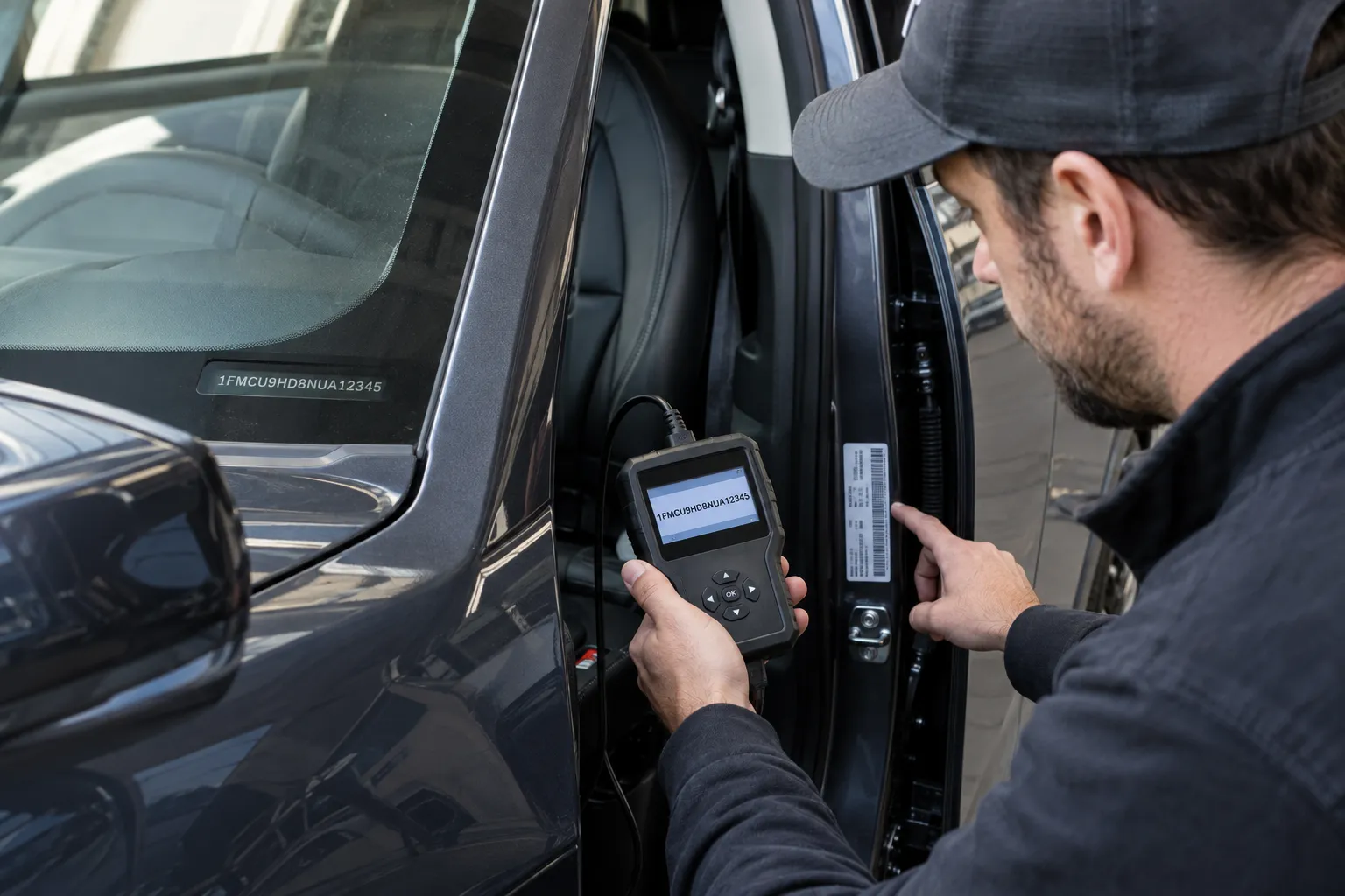 A man comparing the VIN shown on an OBD2 scanner with the physical VIN label on the driver-side door frame.