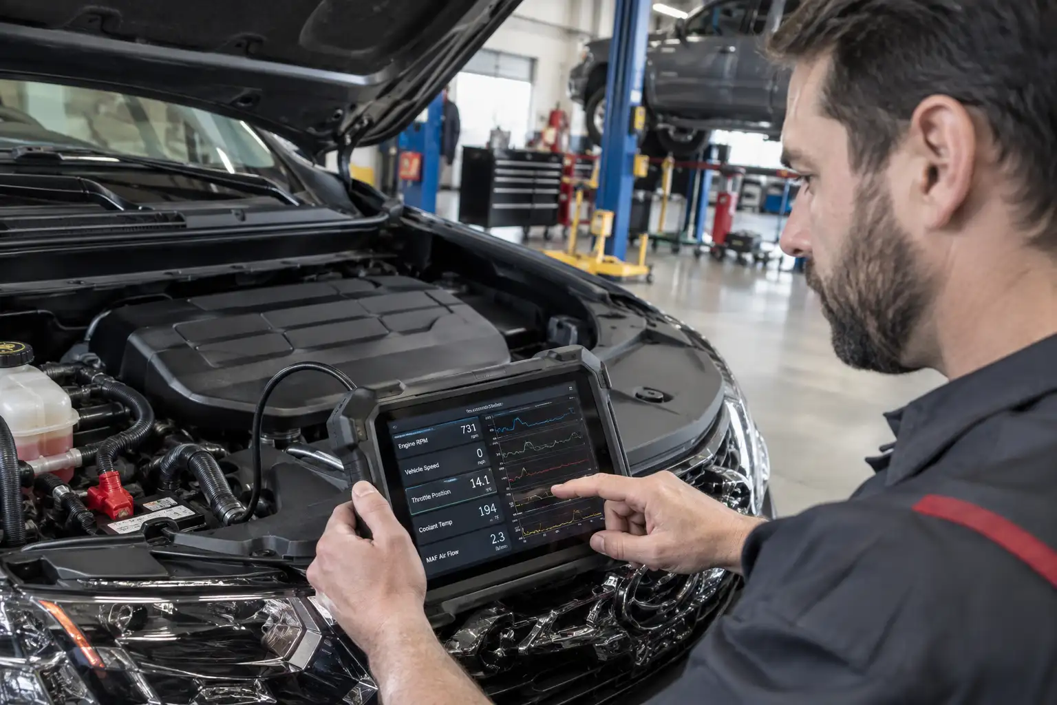 A technician reviewing live sensor data on a diagnostic tablet beside an open engine bay, showing what an OBD2 scanner can measure through vehicle sensors.