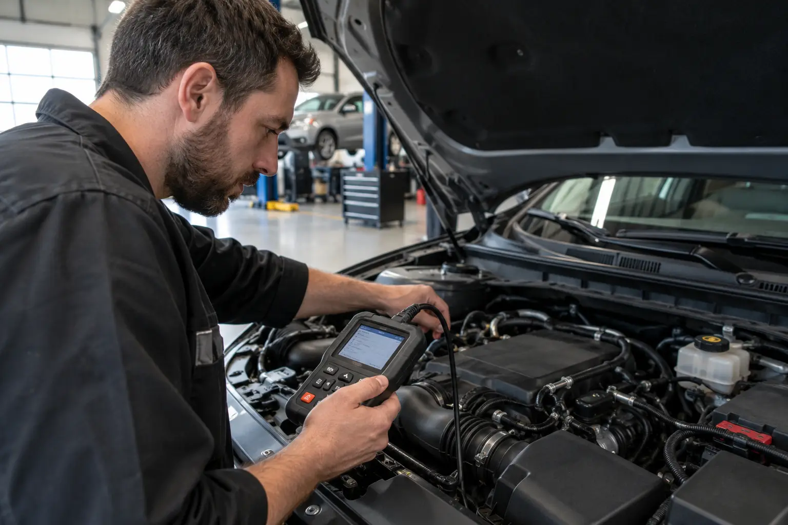 A mechanic using an OBD2 scanner under an open hood to identify the vehicle system flagged by the ECU.
