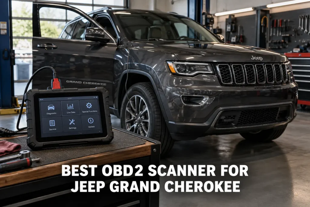 A professional OBD2 scanner displayed beside a Jeep Grand Cherokee in a modern garage