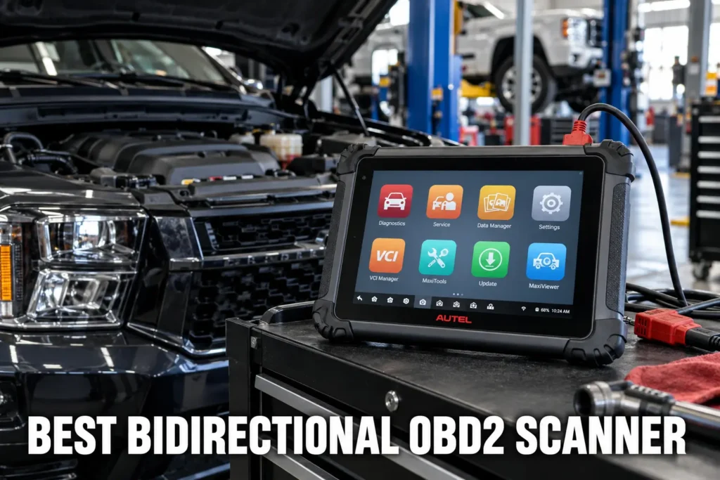 A bidirectional OBD2 diagnostic tablet displayed on a workshop cart beside a vehicle with the hood open.