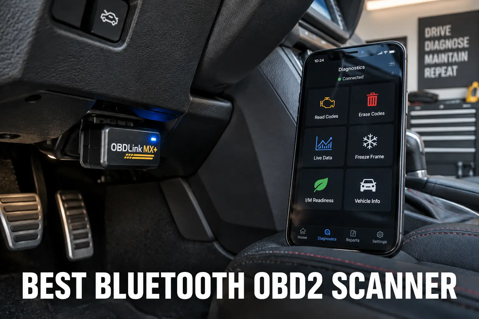 A Bluetooth OBD2 adapter connected under a dashboard beside a smartphone diagnostic app.