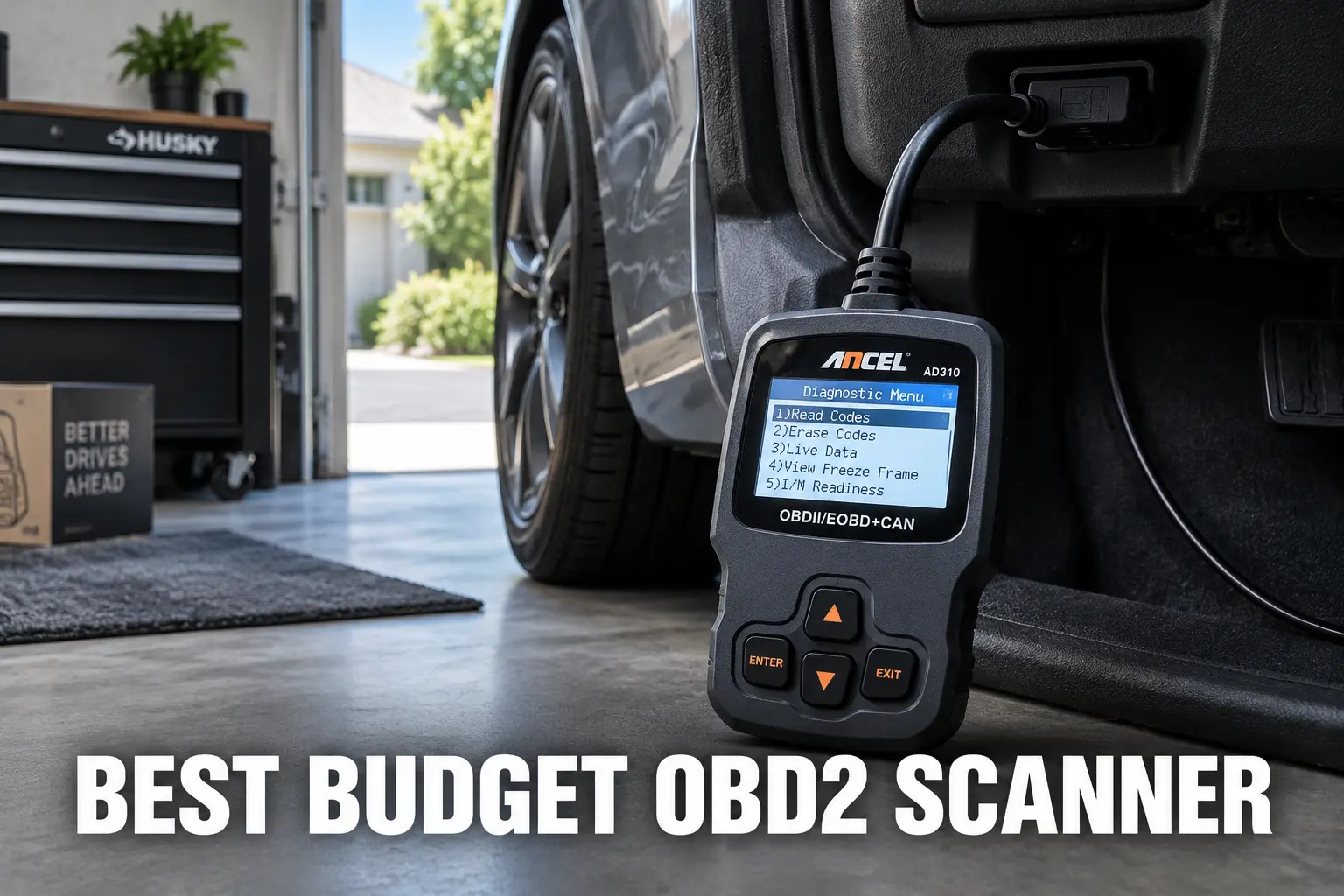 A budget OBD2 code reader plugged into a car diagnostic port in a home garage.