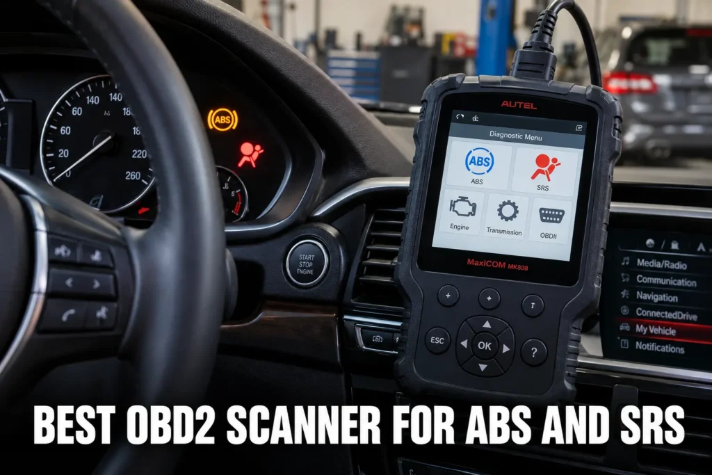 An OBD2 scanner showing ABS and SRS diagnostic options beside dashboard warning lights inside a car.