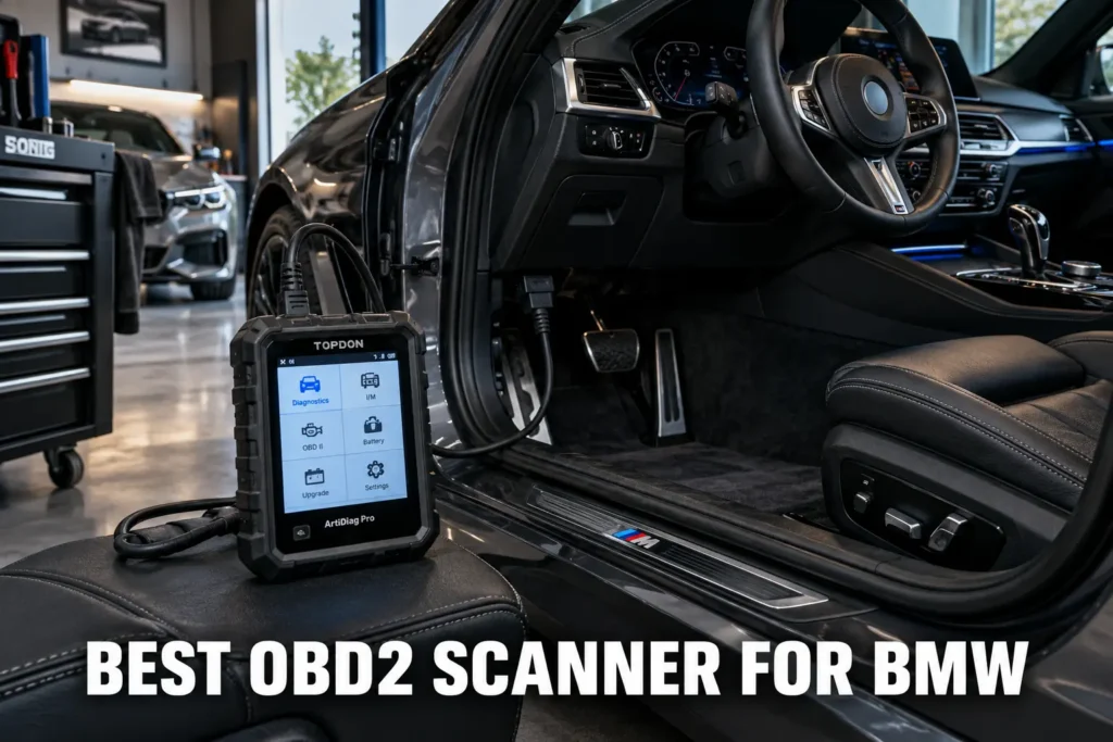 An OBD2 scanner connected inside a BMW cabin in a modern garage setting.