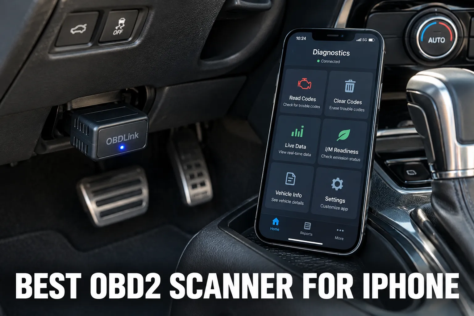 A Bluetooth OBD2 adapter connected under a dashboard beside an iPhone diagnostic app.