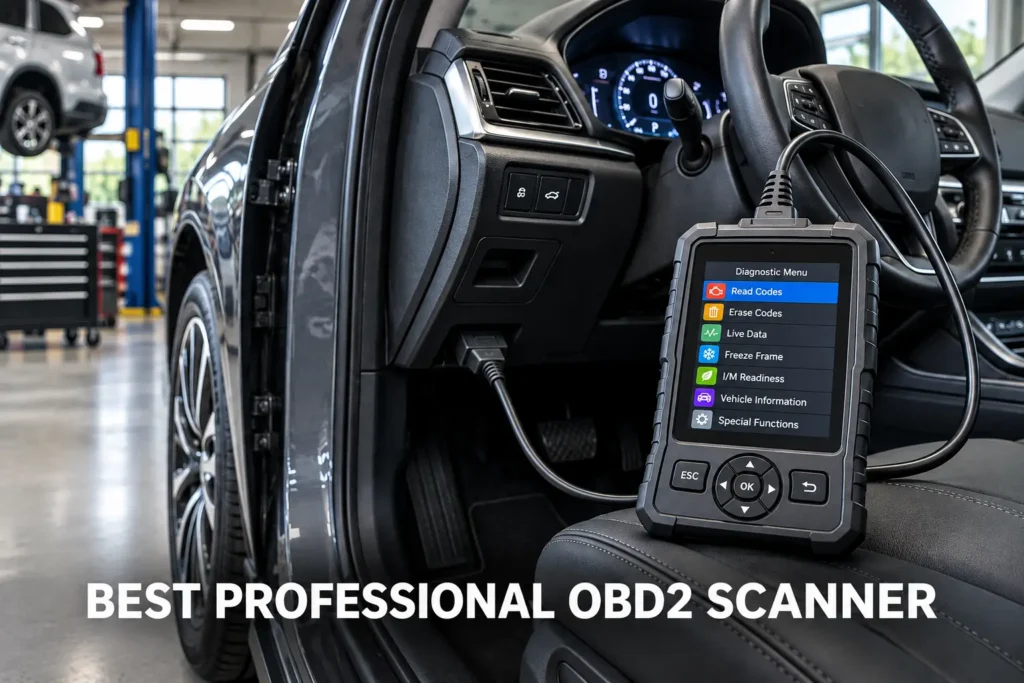 Best Professional OBD2 Scanner featured image showing a professional-grade scan tool in a modern garage workshop