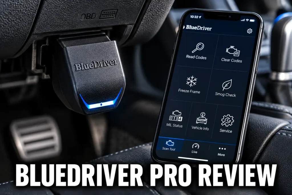 A BlueDriver Pro OBD2 adapter connected under a dashboard beside a smartphone diagnostic app.