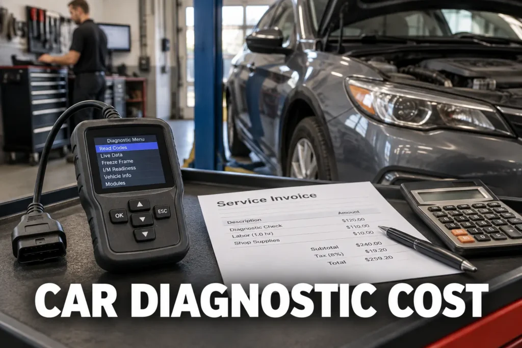An OBD2 scanner beside a service invoice and calculator on a repair shop counter.