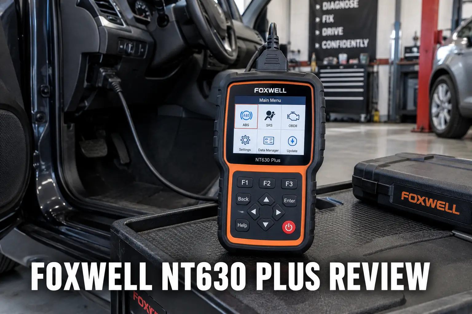 A Foxwell NT630 Plus OBD2 scanner connected to a car and showing ABS and SRS options in a garage workshop.