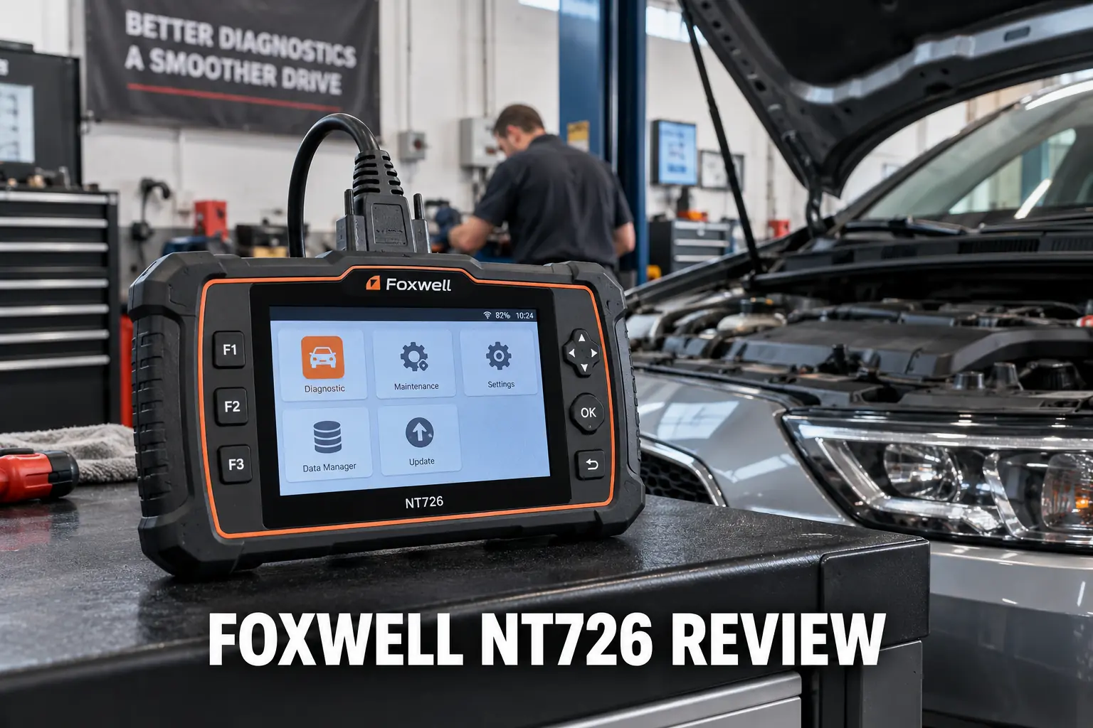 A Foxwell NT726 diagnostic tablet shown on a workshop cart beside a car with the hood open.
