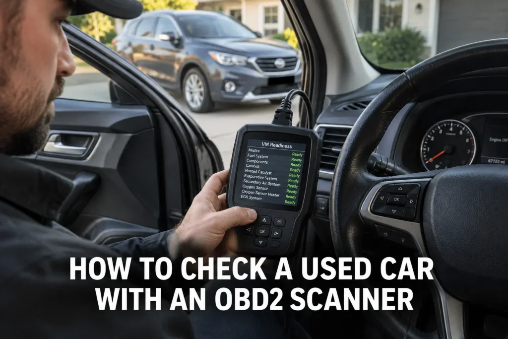 A mechanic checking a used car with an OBD2 scanner while reviewing readiness monitor results before purchase.