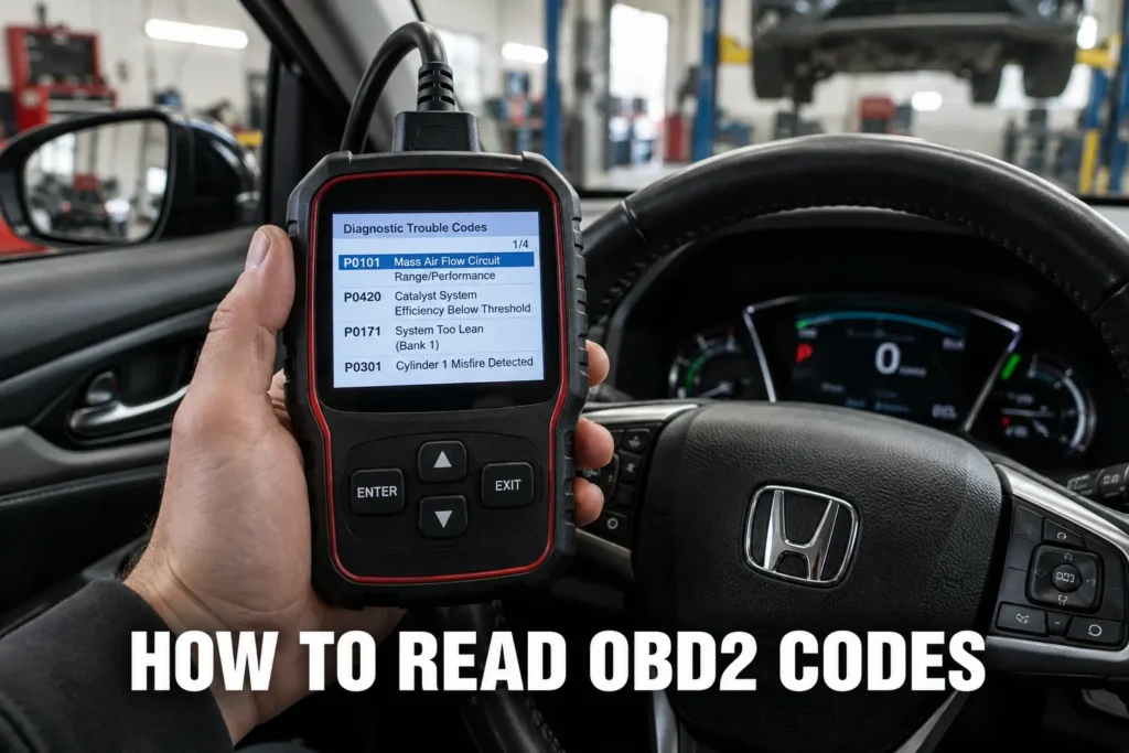 A handheld OBD2 scanner showing diagnostic trouble codes inside a Honda cabin in a repair shop.