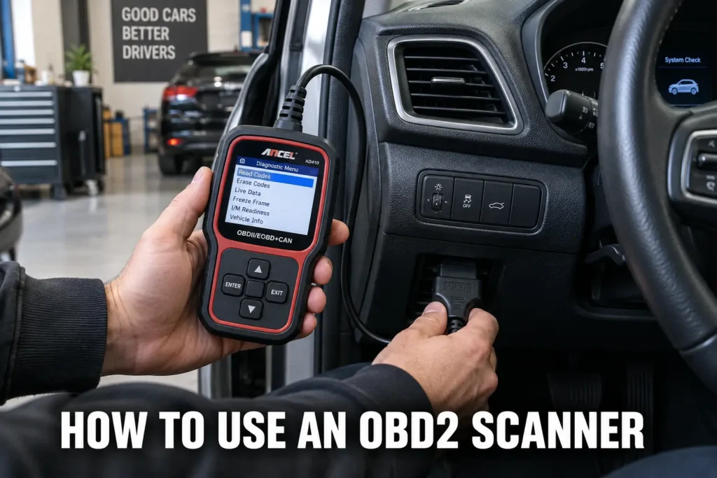 A handheld OBD2 scanner being plugged into a car diagnostic port inside a modern garage.