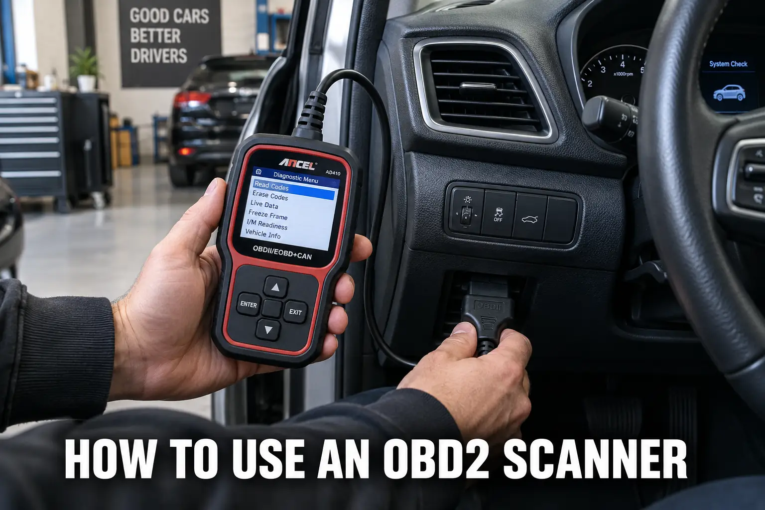 A handheld OBD2 scanner being plugged into a car diagnostic port inside a modern garage.