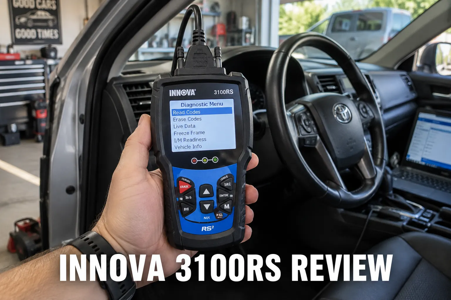 An Innova 3100RS OBD2 scanner held inside a Toyota cabin in a modern garage.