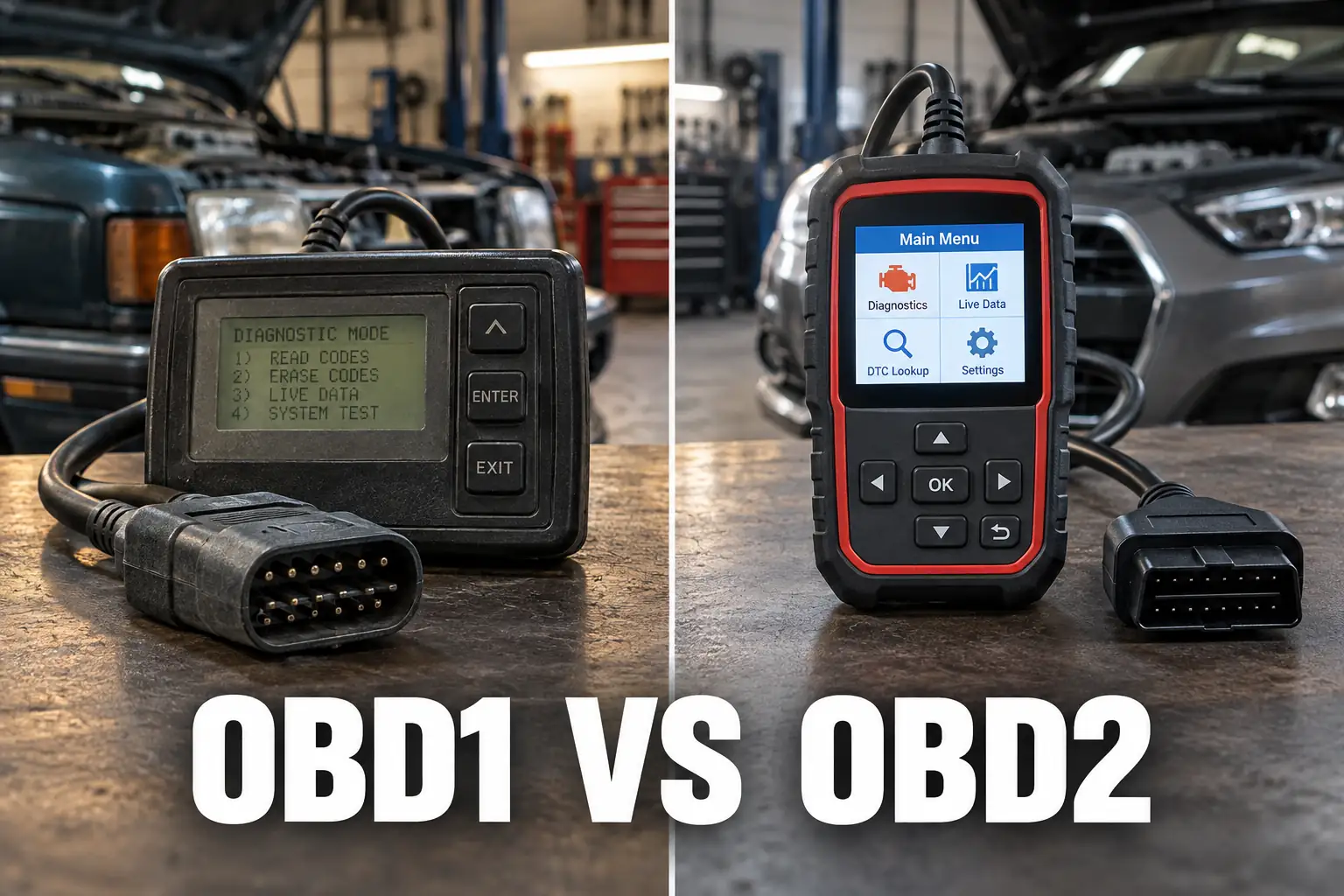 An old OBD1 diagnostic tool compared with a modern OBD2 scanner on a garage workbench.