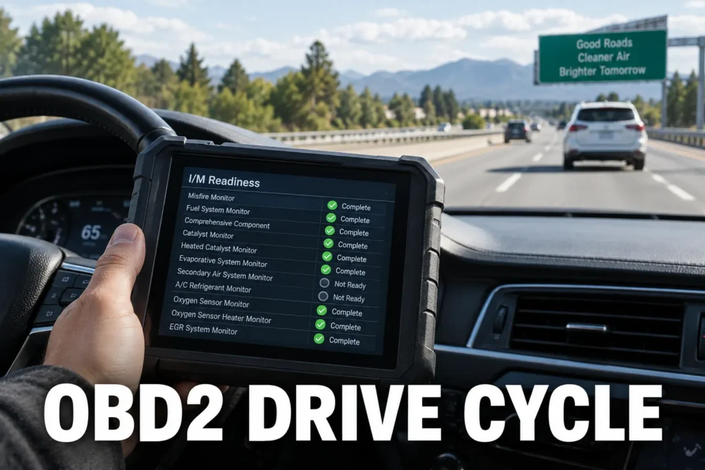 A diagnostic tablet showing readiness monitor status while a vehicle is being driven on the highway.