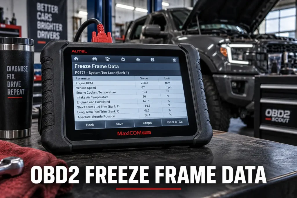 A diagnostic tablet showing freeze frame data values on a workshop bench beside a vehicle.