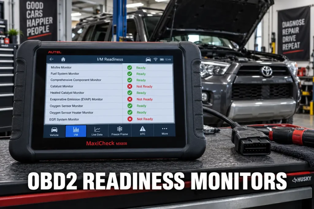 A diagnostic tablet showing OBD2 readiness monitor results on a workshop cart beside a vehicle.