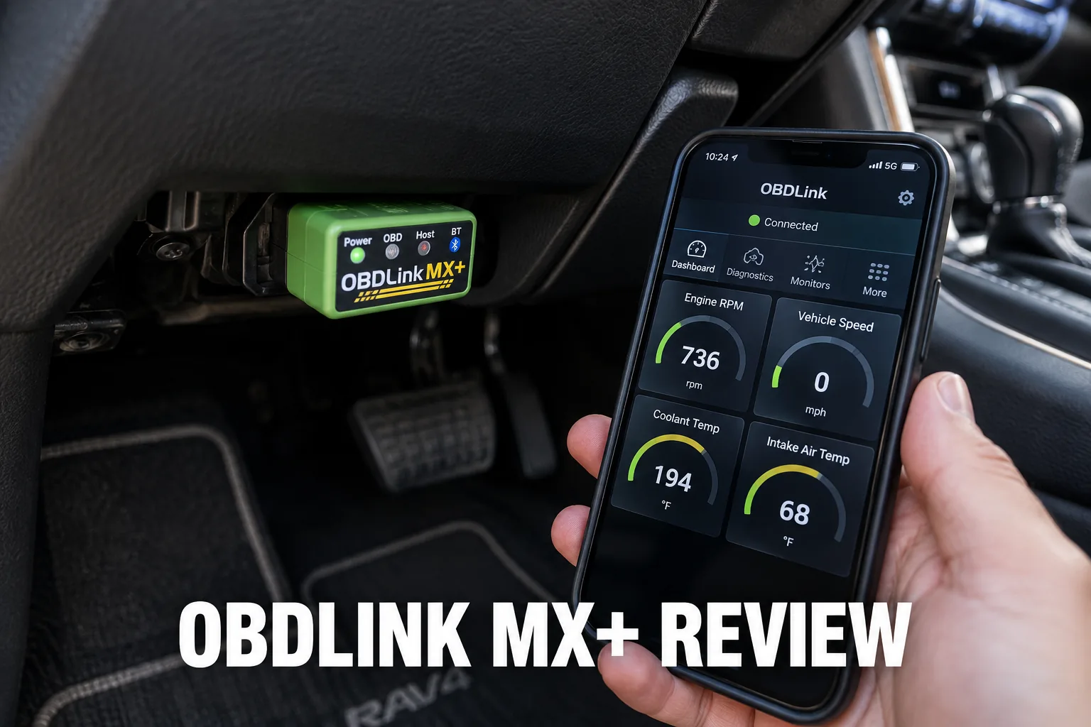 An OBDLink MX+ Bluetooth adapter plugged into a vehicle with live data displayed on a smartphone app.