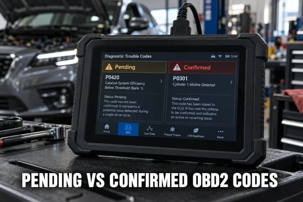 A diagnostic tablet comparing pending and confirmed OBD2 trouble codes in a repair shop.