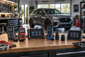 Various OBD2 scanners in a home garage