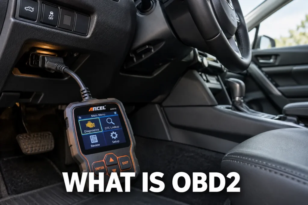 An OBD2 scanner connected under a dashboard with its diagnostic menu visible inside a car cabin.