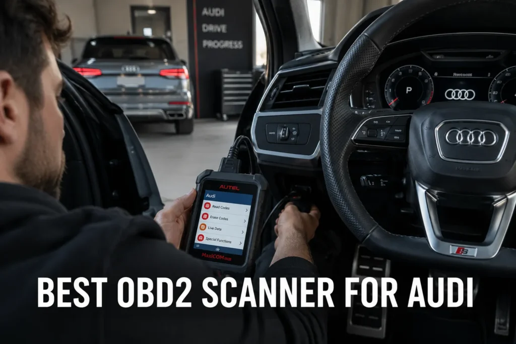 A person using an OBD2 scanner plugged into an Audi dashboard inside an automotive workshop.
